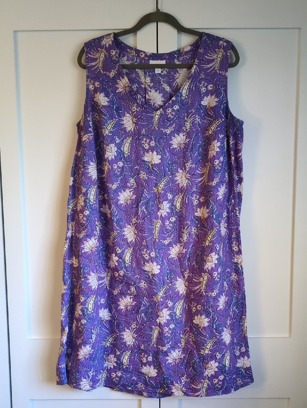 J. Jill Linen Dress XL Purple Floral Sleeveless Pockets Beach